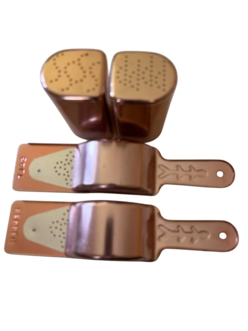 Vintage Copper Aluminum Salt & Pepper Shakers With Handles MCM Set of 2 Retro